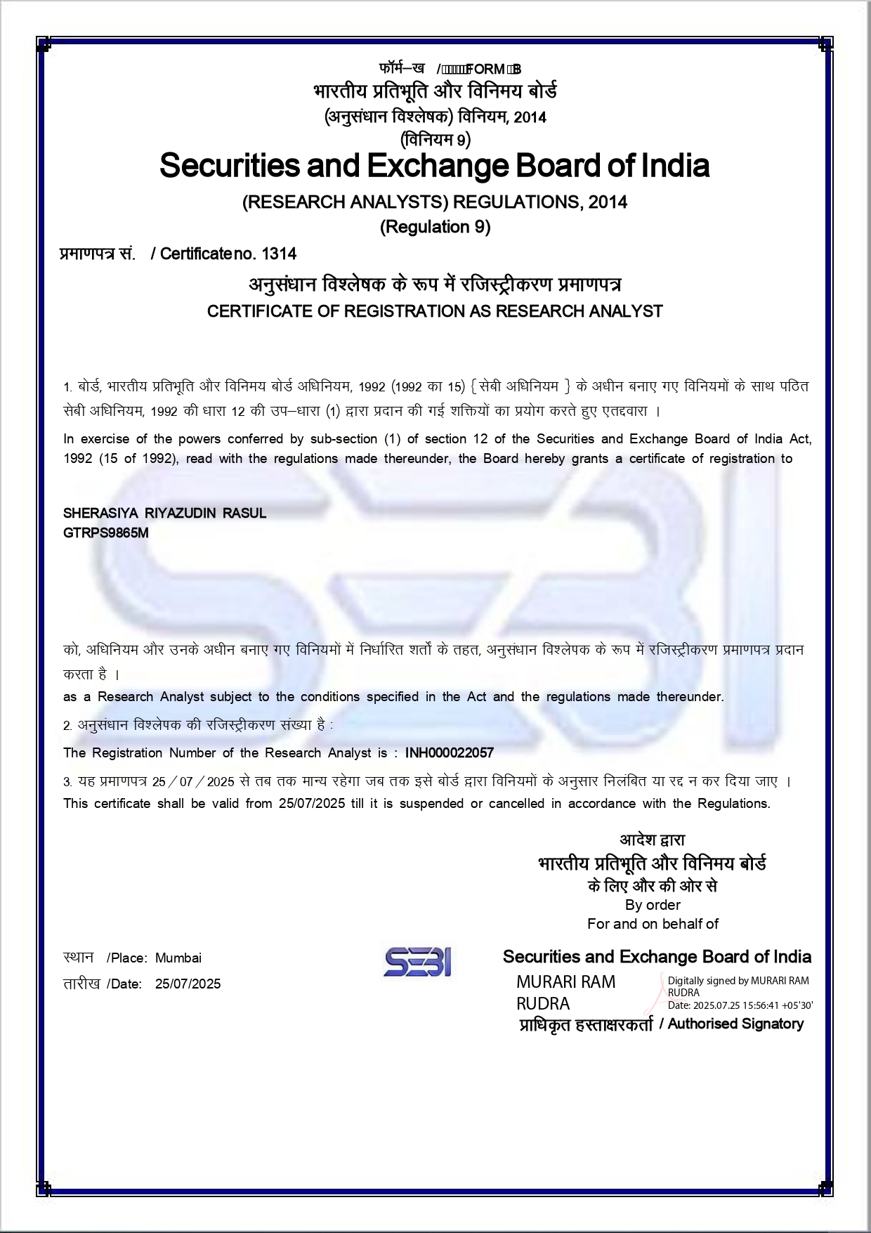 sebi certificate of registration as research analyst 1